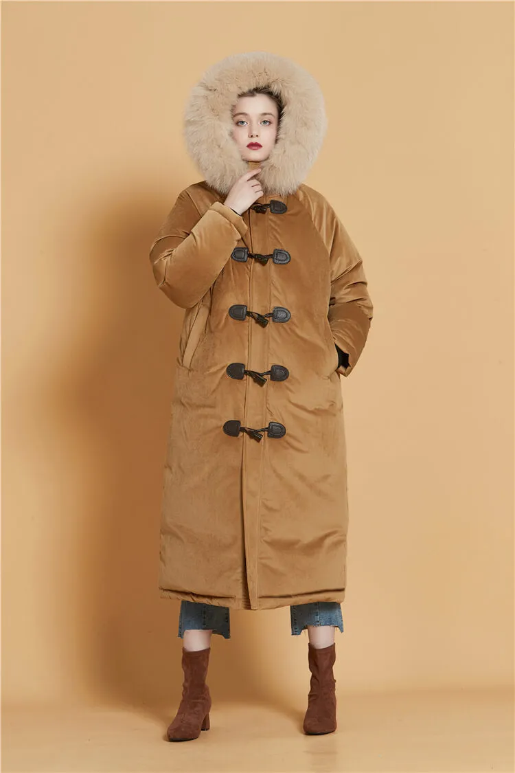 Velvet Hooded Fur Tickened Down Puffer Toggle Long Coat