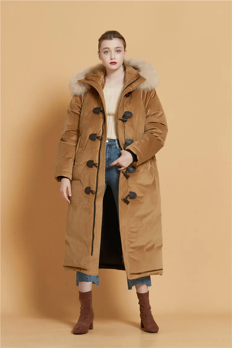 Velvet Hooded Fur Tickened Down Puffer Toggle Long Coat