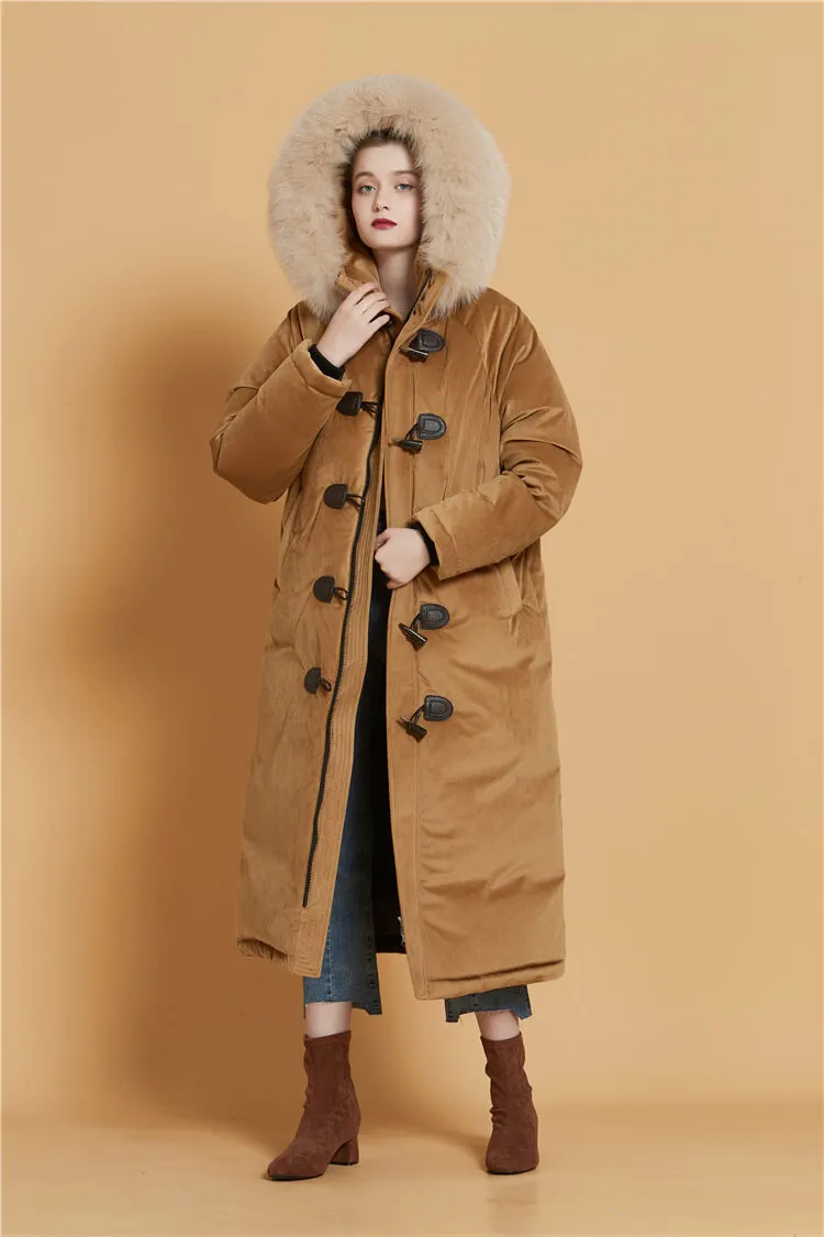 Velvet Hooded Fur Tickened Down Puffer Toggle Long Coat