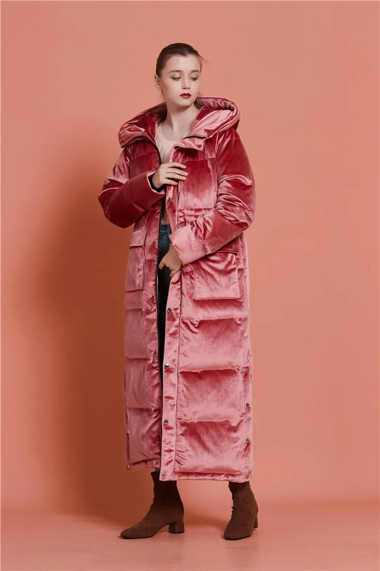 Velvet Hooded Goose Down Puffer Maxi Coat