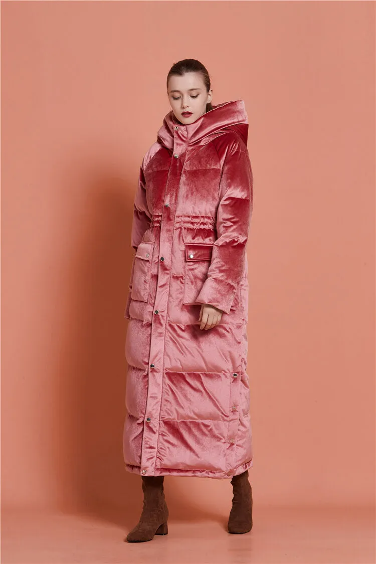 Velvet Hooded Goose Down Puffer Maxi Coat