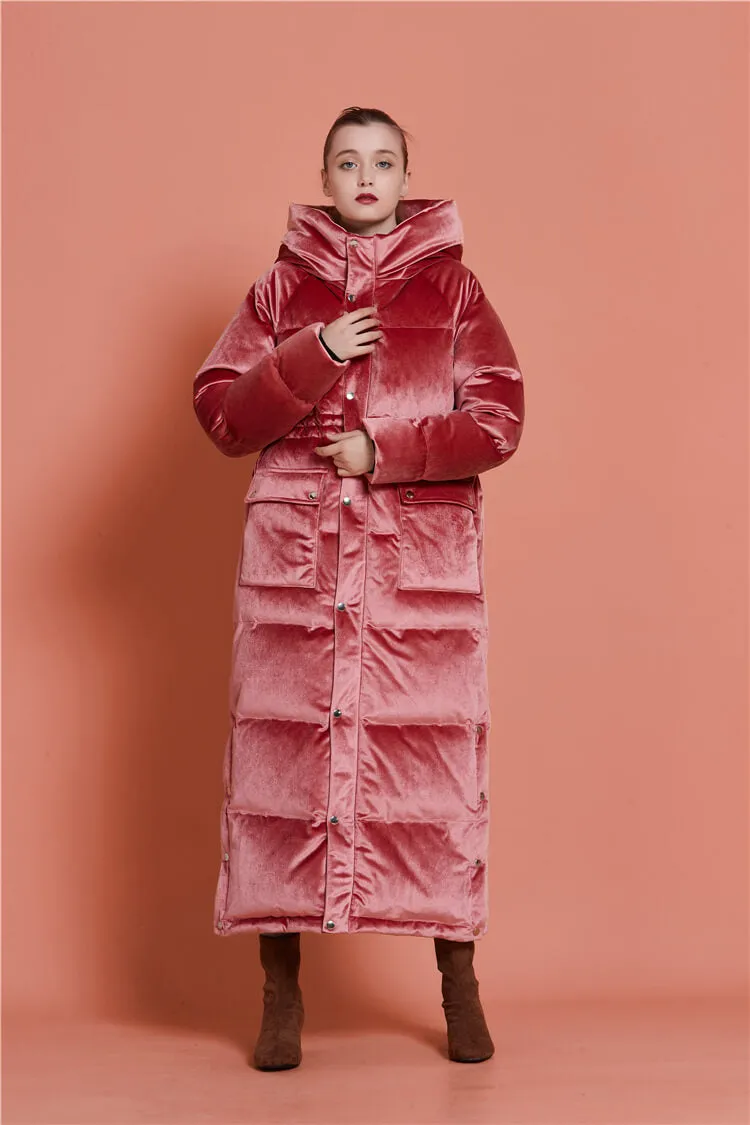 Velvet Hooded Goose Down Puffer Maxi Coat