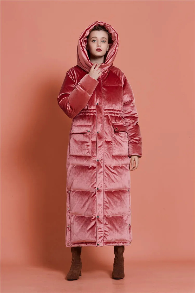 Velvet Hooded Goose Down Puffer Maxi Coat