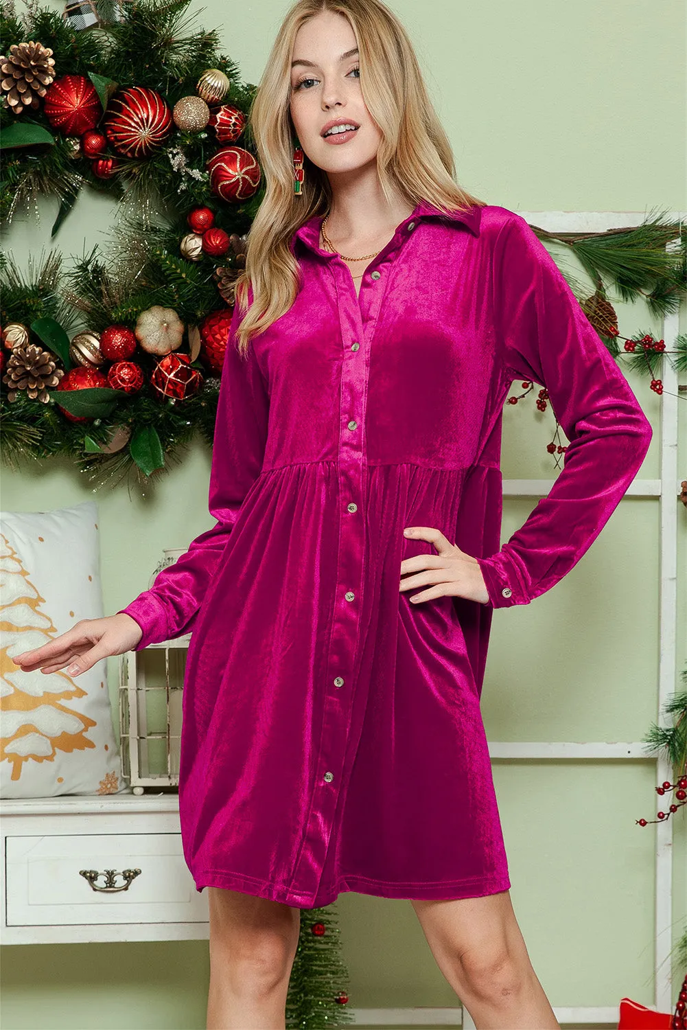 Velvet Rose Ruffle Button Up Shirt Dress