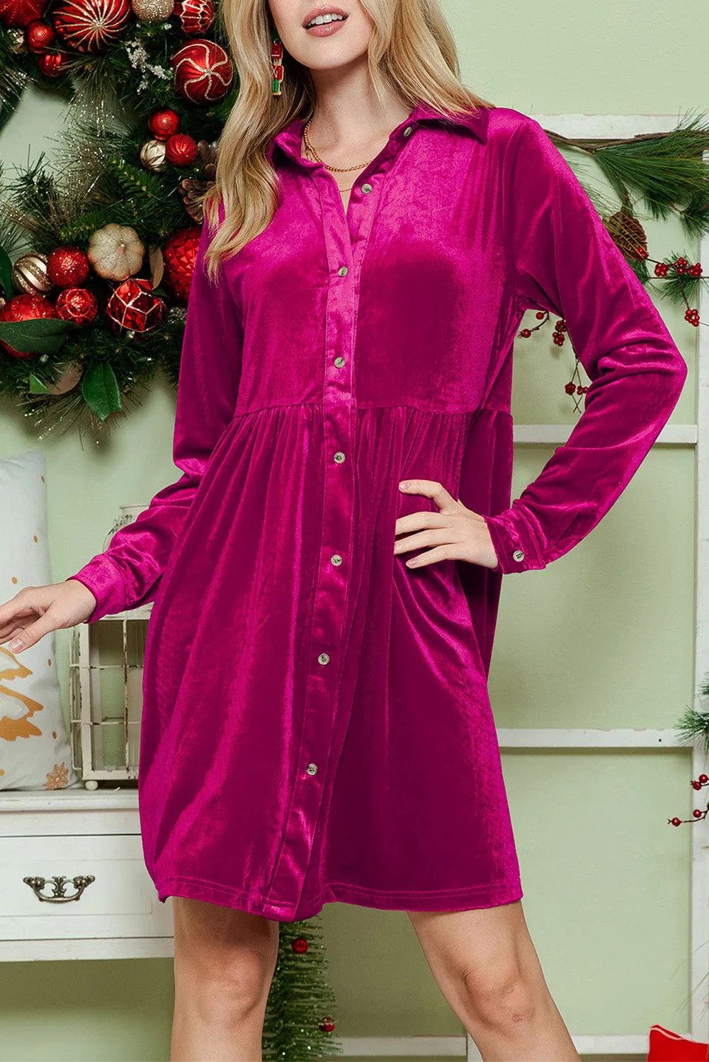 Velvet Rose Ruffle Button Up Shirt Dress