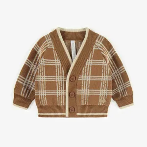 Veste de maille brune à carreaux imitation cachemire, naissance || Plaid brown knitted vest with a cashmere imitation, newborn