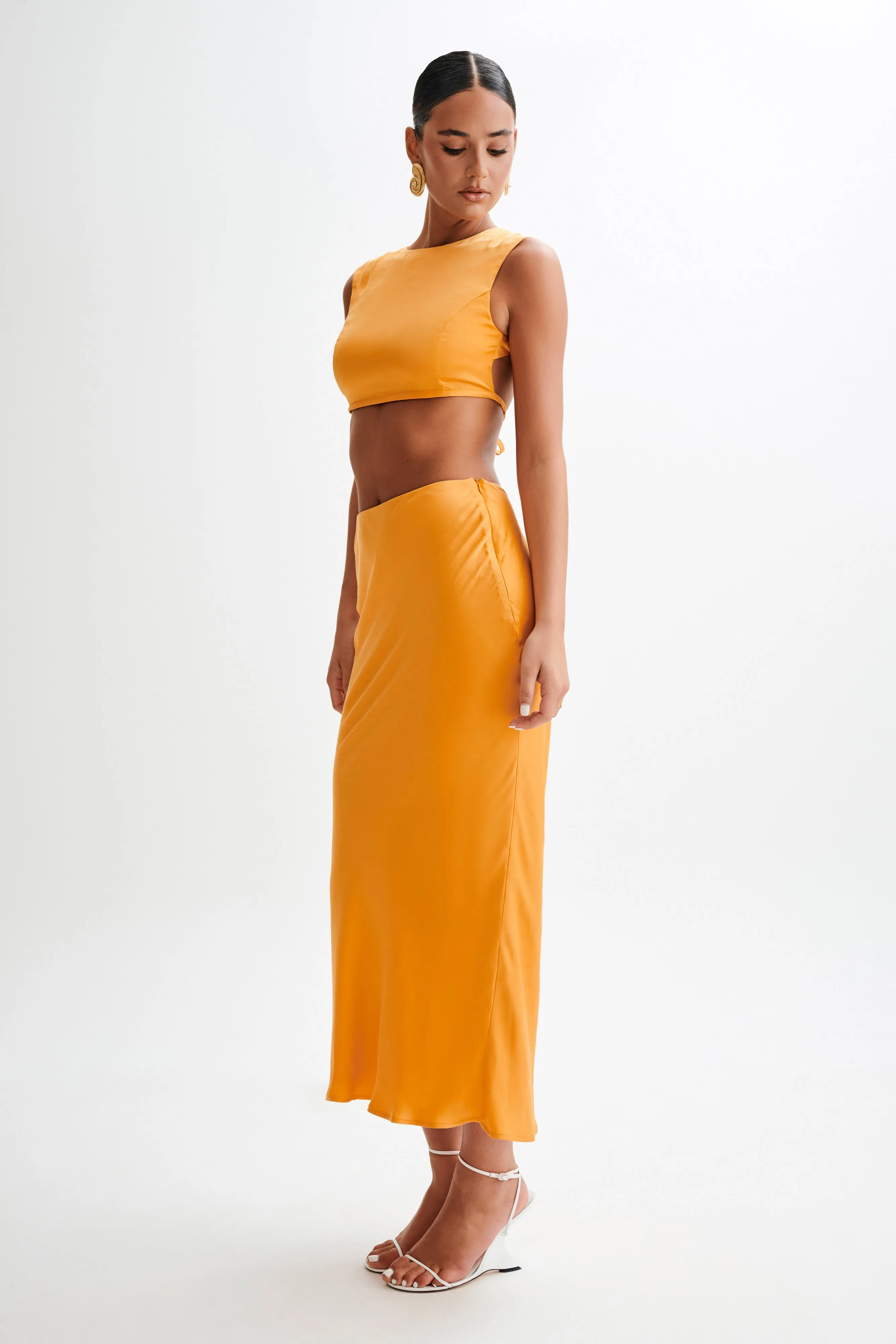 Viviana Satin Sleeveless Crop Top - Tangerine