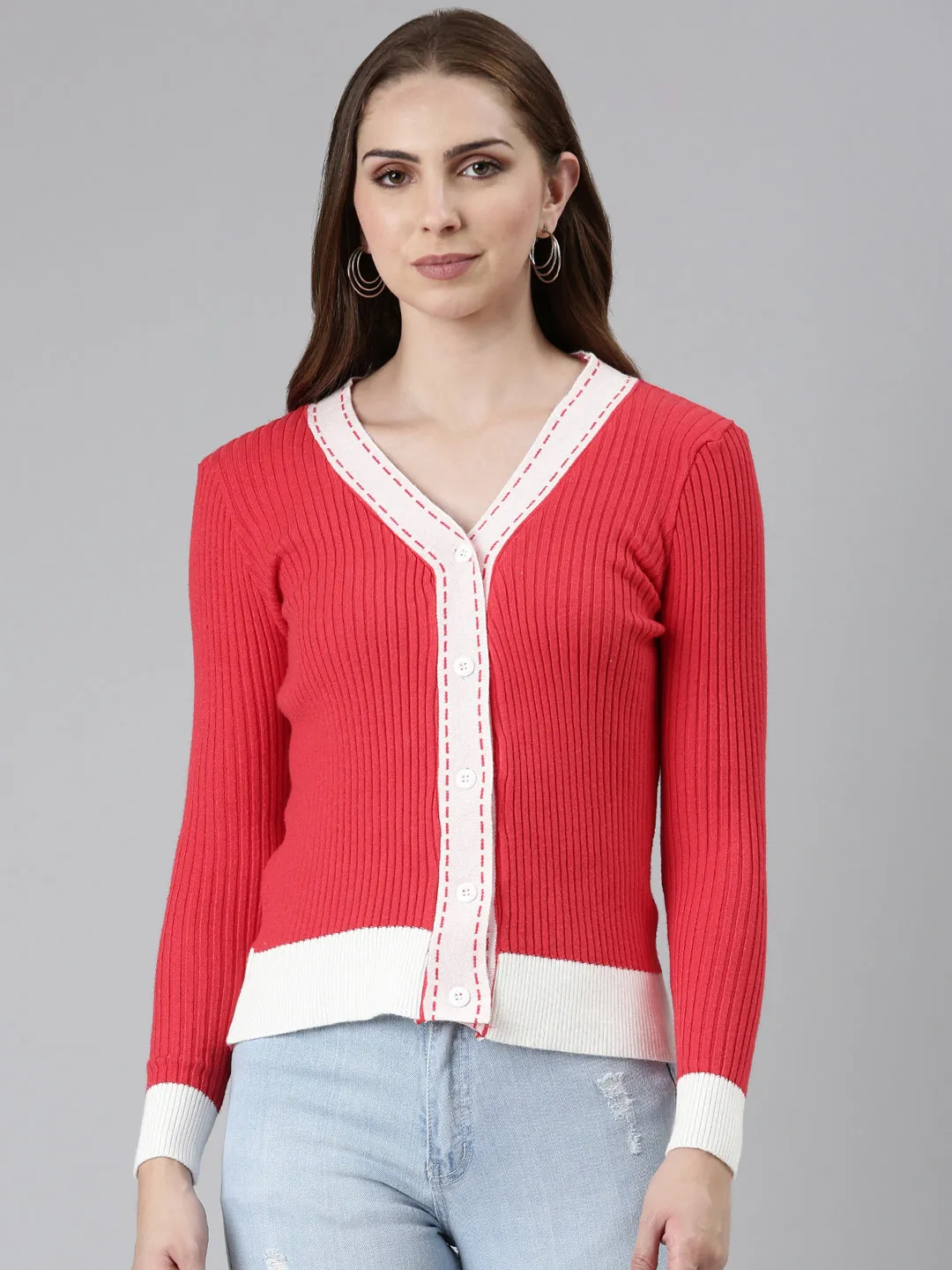 Women Coral Solid Vest Sweater