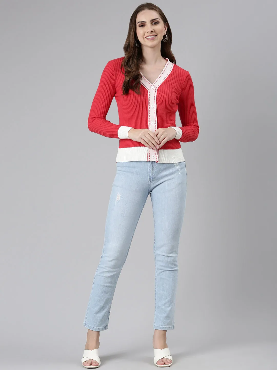 Women Coral Solid Vest Sweater