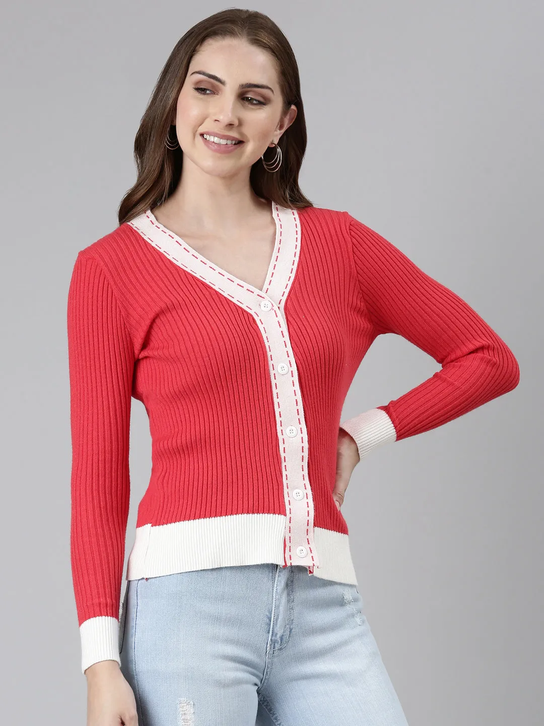 Women Coral Solid Vest Sweater