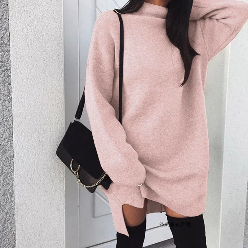 Women Winter Knitted Dress Loose Turtleneck Long Blouse