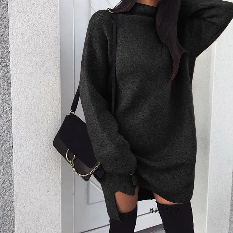 Women Winter Knitted Dress Loose Turtleneck Long Blouse