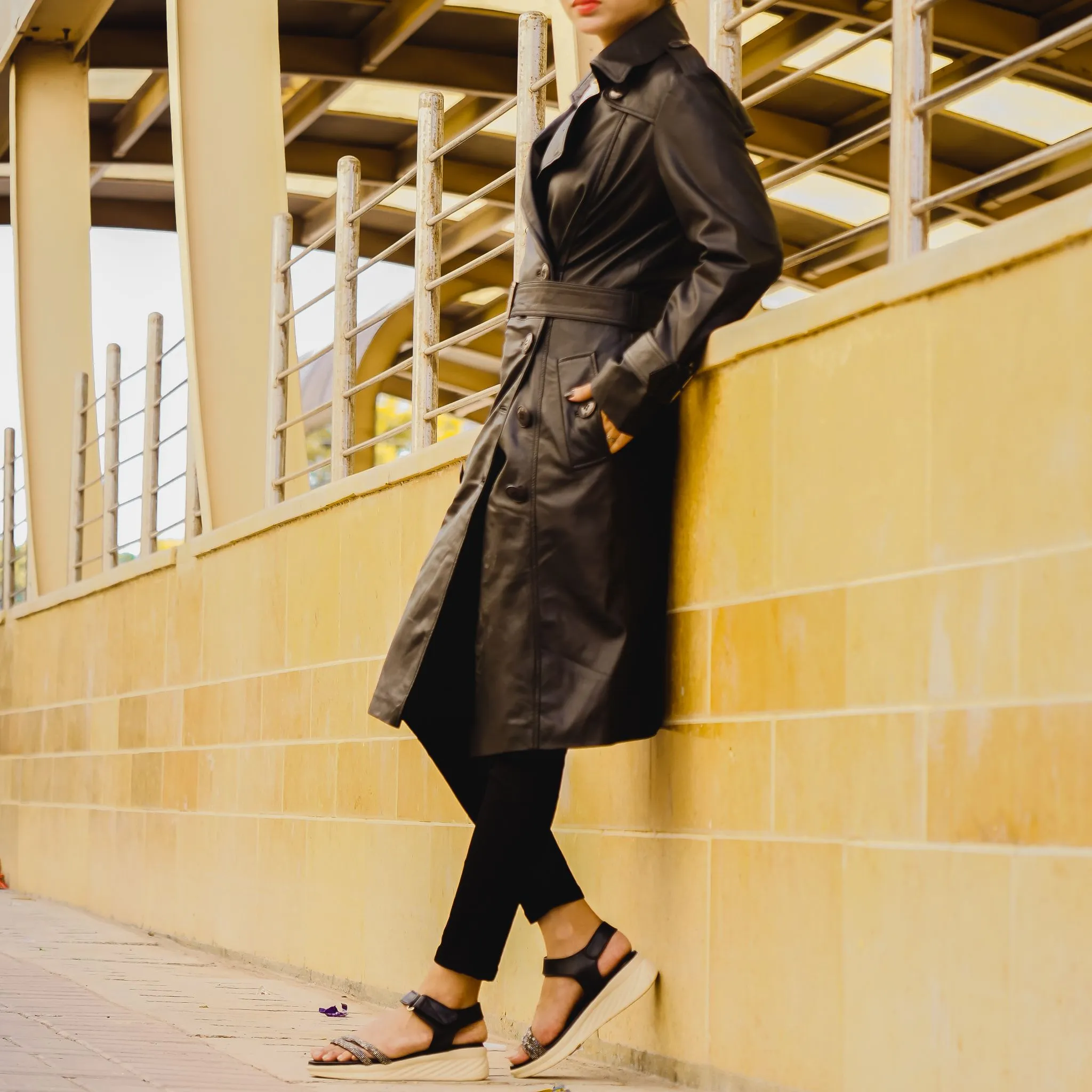 Womens Leather Long Coat-Black