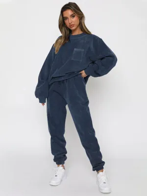 Women's New Corduroy Solid Color Round Neck Pullover Long Sleeve Pants Two-piece Set (Navy Blue)