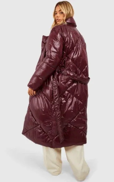 Women's Oversized Maroon Belted Puffer Coat