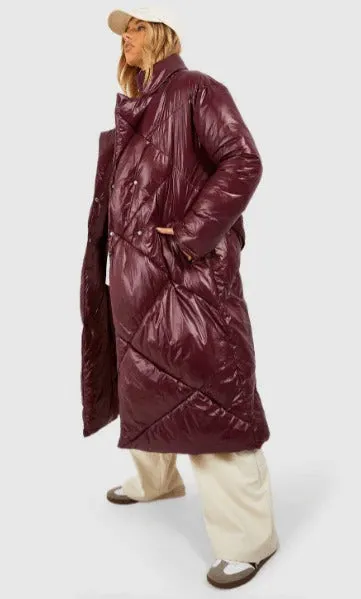 Women's Oversized Maroon Belted Puffer Coat