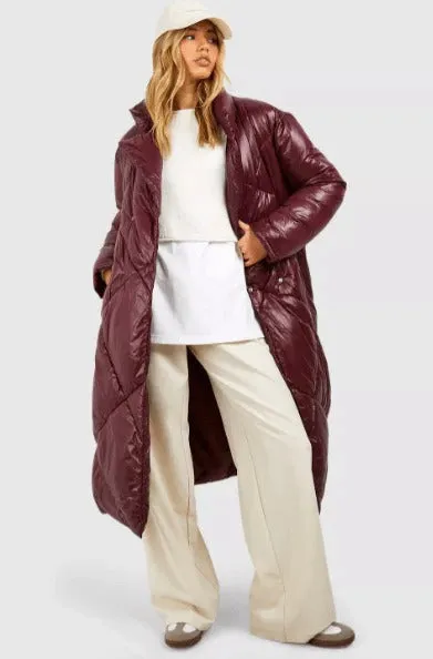 Women's Oversized Maroon Belted Puffer Coat