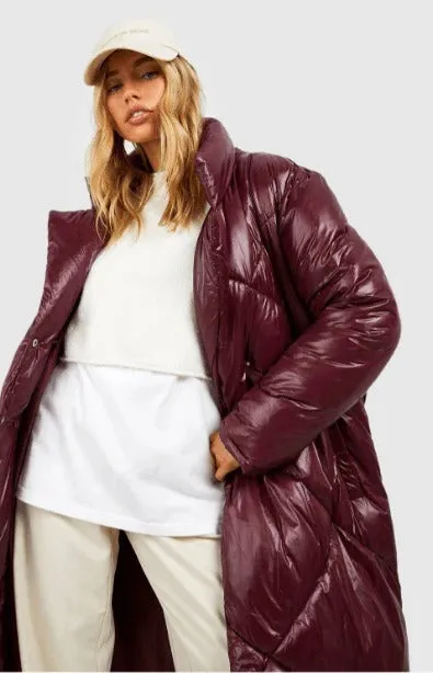 Women's Oversized Maroon Belted Puffer Coat