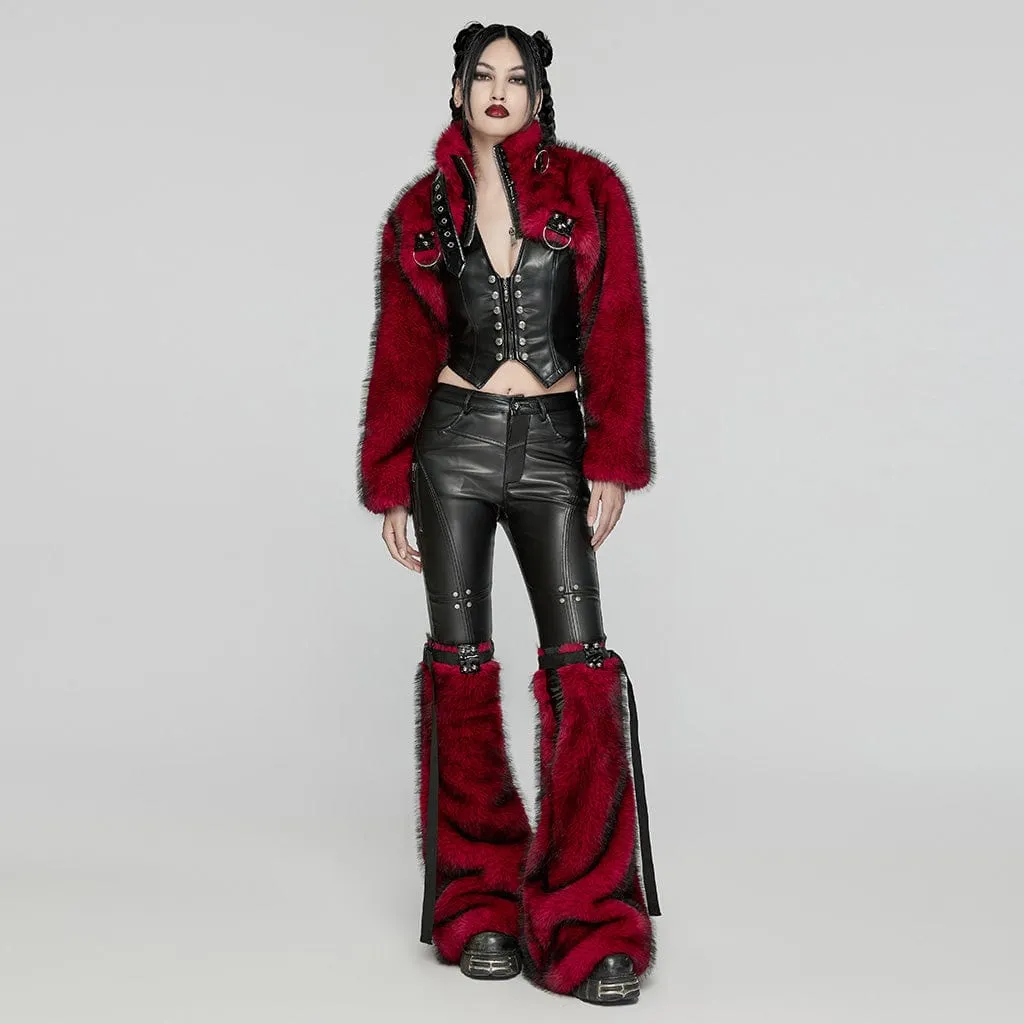 Women's Punk Stand Collar Faux Fur Short Jacket Red