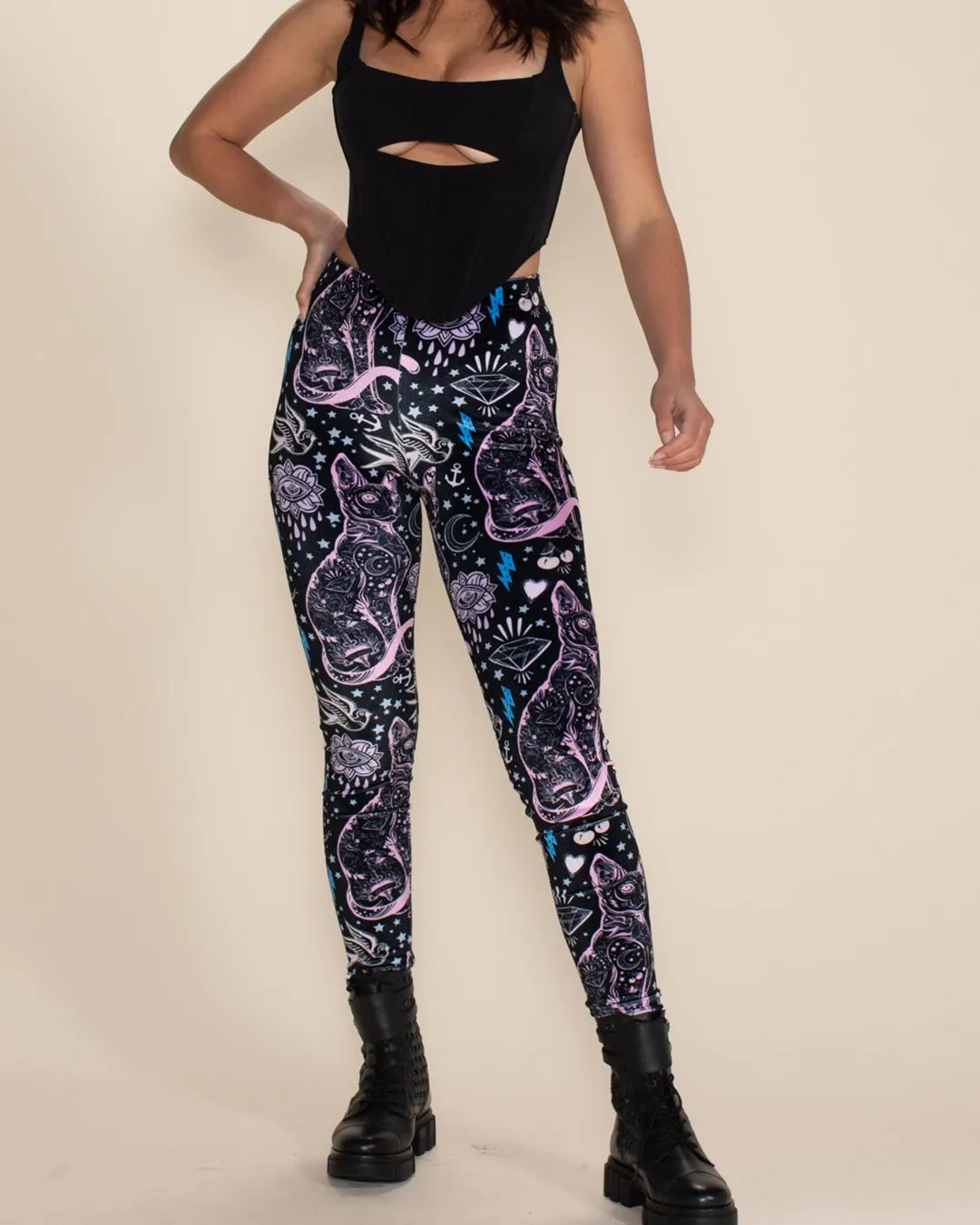 Women's Velvet Leggings | Black and Pink Sailor Kitty