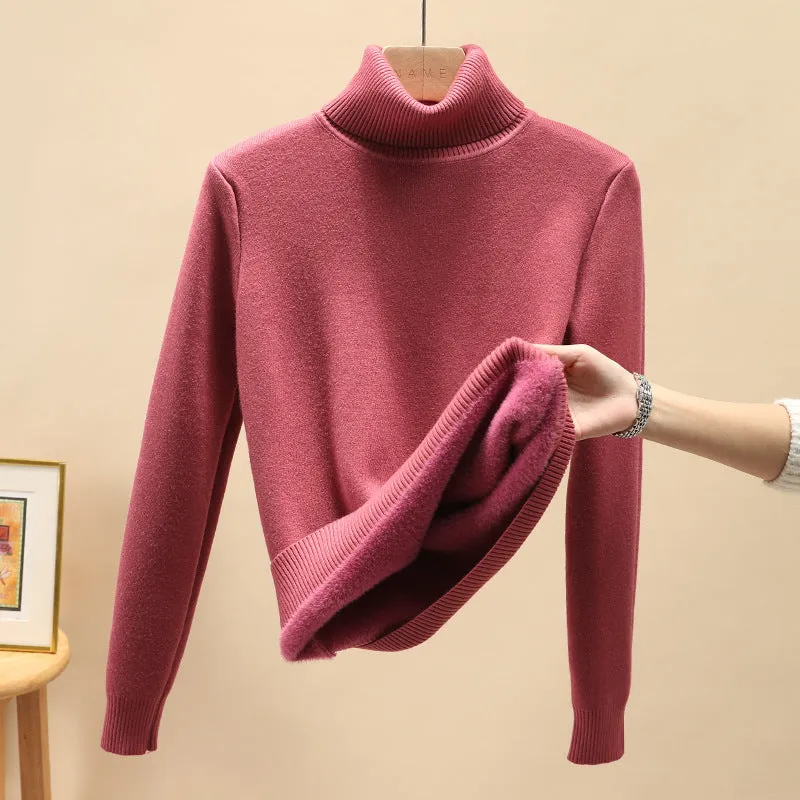 Women's Warm Knitted Pink Turtleneck Jumper with Fleece Lined | Ideal for Autumn/Winter