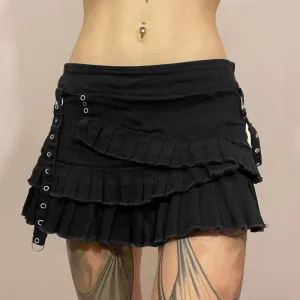 Women's Y2K Low Waist Mini Denim Skirt Black Ruffle 90s Gothic Goth Punk Fashion Uniform Jean Belt